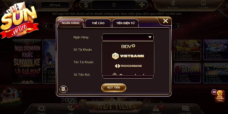 Hệ thống yêu cầu người chơi nhập thông tin ngân hàng nhận tiền